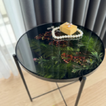 Handcrafted Epoxy Resin Wood Coffee Table with Flowers – Black Metal Base, Unique Round Side Table for Modern Deco