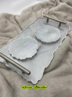 Handmade Pearly White Resin Tray & Coaster Set – Elegant Serving & Cosmetic Tray