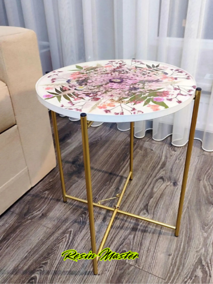 Artisan-Crafted Epoxy Resin River Table ‘Flowers’ – Stunning Floral Inclusions, Hand-Poured Design