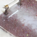 Handcrafted Pink Sparkle Resin Tray – Elegant Glittered Tray with Gold Crystal Handles & White-Pink Marble Design, Includes Coasters