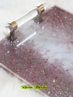 Handcrafted Pink Sparkle Resin Tray – Elegant Glittered Tray with Gold Crystal Handles & White-Pink Marble Design, Includes Coasters