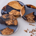 Handmade Black Resin & Alaskan Cypress Burl Coasters – Natural Wood Drink Coasters with Epoxy Resin, Unique Anniversary Gift