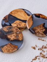 Handmade Black Resin & Alaskan Cypress Burl Coasters – Natural Wood Drink Coasters with Epoxy Resin, Unique Anniversary Gift