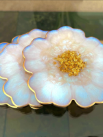 Glistening White Opal & Gold Floral Coasters