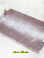 Handcrafted Pink Sparkle Resin Tray – Elegant Glittered Tray with Gold Crystal Handles & White-Pink Marble Design, Includes Coasters - Image 3