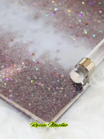 Handcrafted Pink Sparkle Resin Tray – Elegant Glittered Tray with Gold Crystal Handles & White-Pink Marble Design, Includes Coasters - Image 2